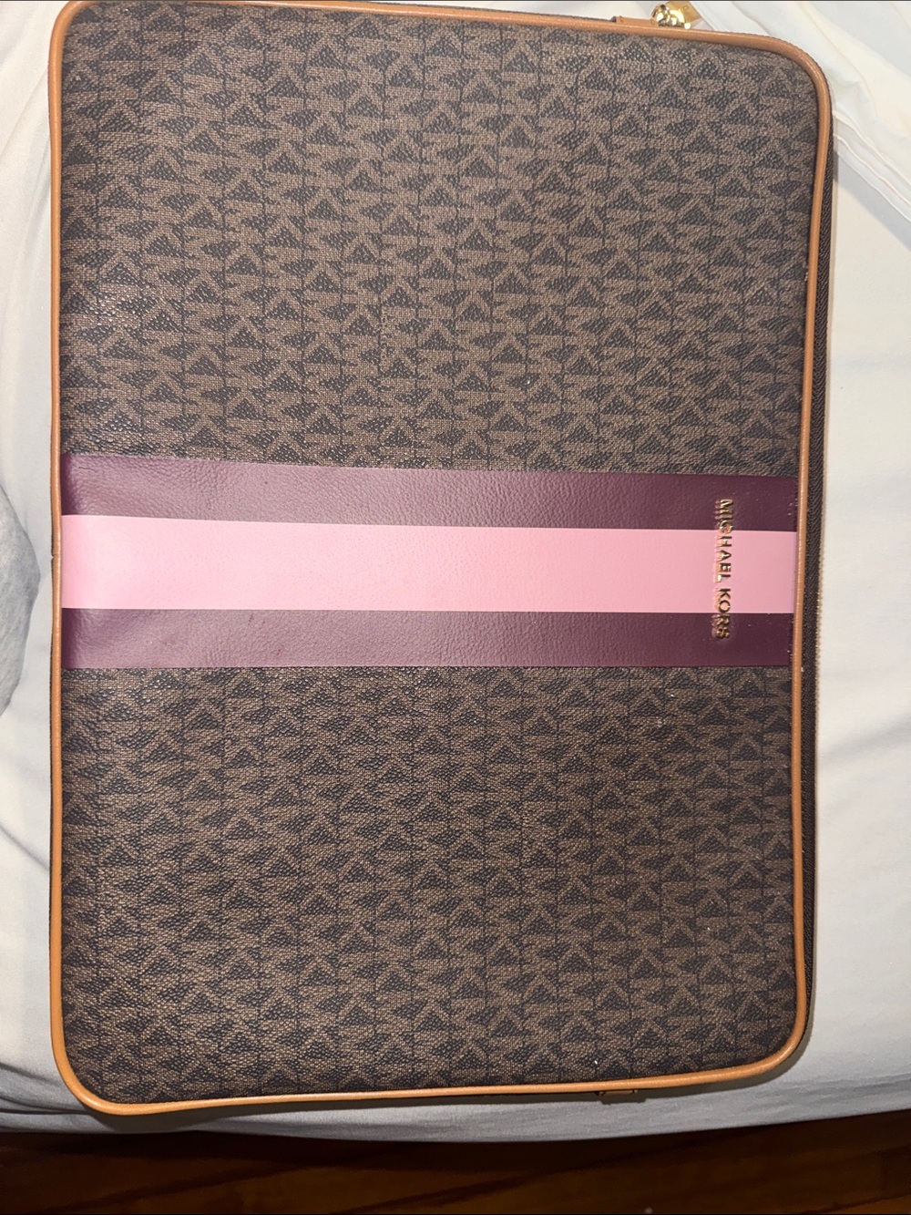 Michael Kors Brown Laptop Sleeve with Pink and Mauve Stripes
